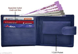 Blue RFID protected genuine leather mens wallet, featuring 5 compartments for organized storage and a stylish urban design. Solid construction with dimensions (L:9cm, W:11cm). Perfect gift for men, offering both style and practicality. Made in India