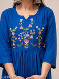 Denim blue anarkali kurta with floral embroidery, long sleeves, and a hemline