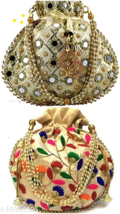 Multicolor fabric net potlis for trendy women, vibrant Indian handcrafted combo set (2 full-size pieces)