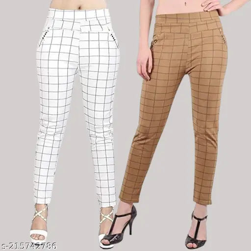 Women's checkered Lycra joggers, size 24-34, India-made fashionable activewear