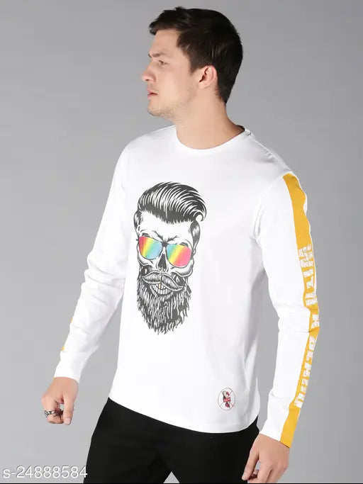 White cotton long sleeve graphic print round t-shirt for men, soft and breathable, striped design, India origin