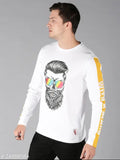 White cotton long sleeve graphic print round t-shirt for men, soft and breathable, striped design, India origin