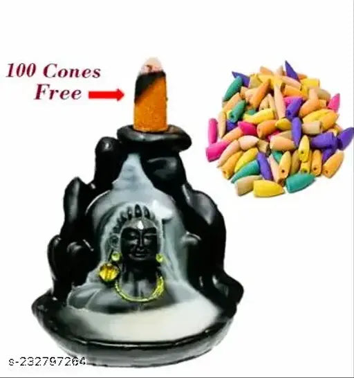 Haridwar Divine Adiyogi Shiva Smoke backflow Fountain backflow Incense Holder Burner Waterfall Smoke Fountain for Home Decor Puja with 100 Backflow Cones Dhoop for sawan pooja shivratri Shiv Adi Shankara Backflow Cone Incense Holder Shiv