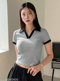 Cotton crop collar T-shirt with self-design net pattern, short sleeves, XS - XXXXL sizes