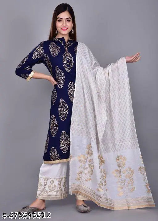 Blue Rayon Kurta Set - ASC, beautiful dyed/washed net Palazzos and dupatta with three-quarter sleeves, size M, L, XL (38", 14"; 40", 14.5"; 42", 15"). Indian fashion style