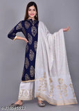 Blue Rayon Kurta Set - ASC, beautiful dyed/washed net Palazzos and dupatta with three-quarter sleeves, size M, L, XL (38", 14"; 40", 14.5"; 42", 15"). Indian fashion style