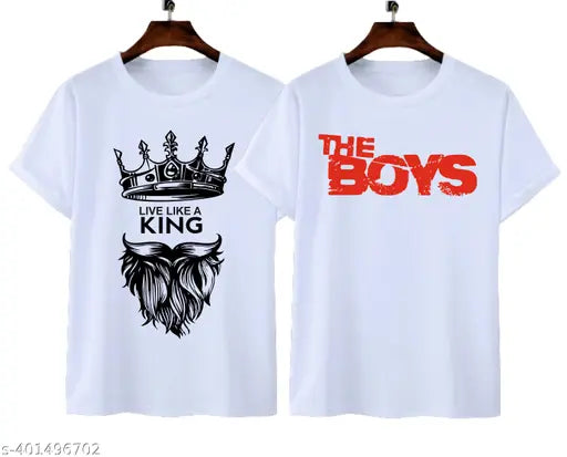 Mens printed round neck t-shirts pack of 2, poly blend, short sleeves, size S-XL, India-made fashion apparel