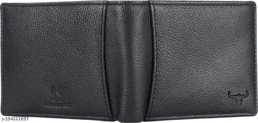 Black genuine leather men's wallet with RFID protection, features 2 cash compartments, 6 card slots, 2 hidden pockets, and 1 coin pocket. Solid design in a compact size for everyday use or travel