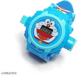 Digital boys watch, blue with cartoon character, round face, black strap