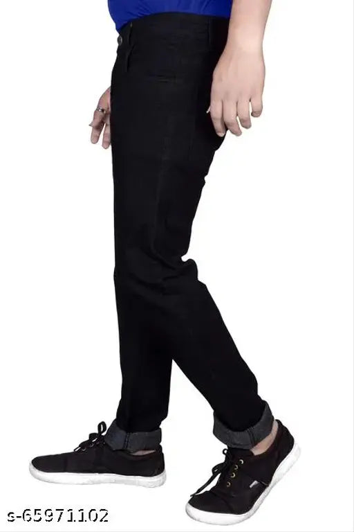 Men's black cotton regular fit jeans, solid pattern with stretchable feature and available in sizes 28-50