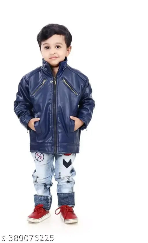 Black leather jacket, boys coat with zipper closure