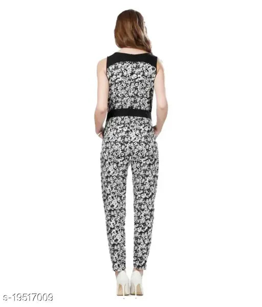 Crepe printed jumpsuit by SK Fashion Hub, sleeveless, size L (40in bust, 50in length, 36in waist), made in India