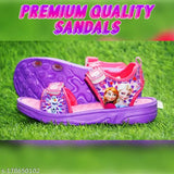Disney Frozen themed children's sandals, featuring characters Elsa and Anna; purple, pink, green accents; velcro closure