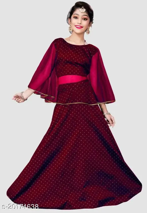 Linen and taffeta silk princess-styled kids' lehnga-cholis, printed in micro stitch, available in sizes 4-5 years, 6-7 years, and 8-9 years