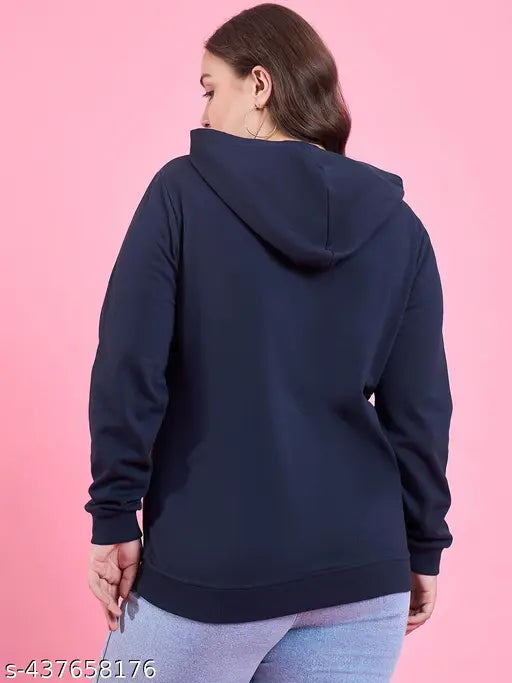 Navy blue fleece women's printed solid sweatshirt with long sleeves, features bold design on chest area