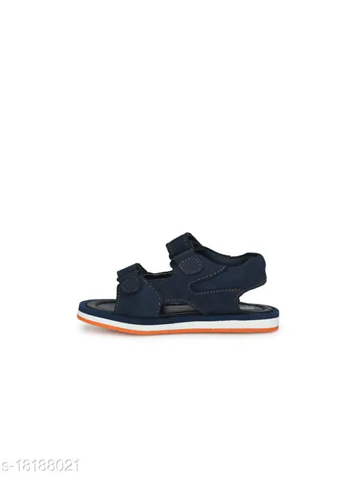 Black leather boys' floaters sandals with blue bottoms and orange laces