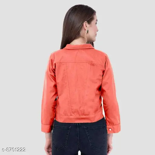 Denim peach solid jacket, long-sleeved denim jacket for women, classic peach casual wear