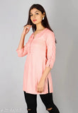 Peach rayon slub straight tunic kurti with bead detailing on neckline and sleeves, Indian women's fashion accessory