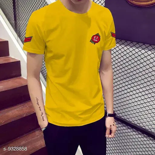 Trendy yellow cotton rose patch t-shirt, short sleeves with printed design, size [size]