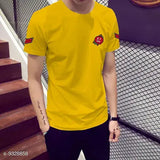 Trendy yellow cotton rose patch t-shirt, short sleeves with printed design, size [size]