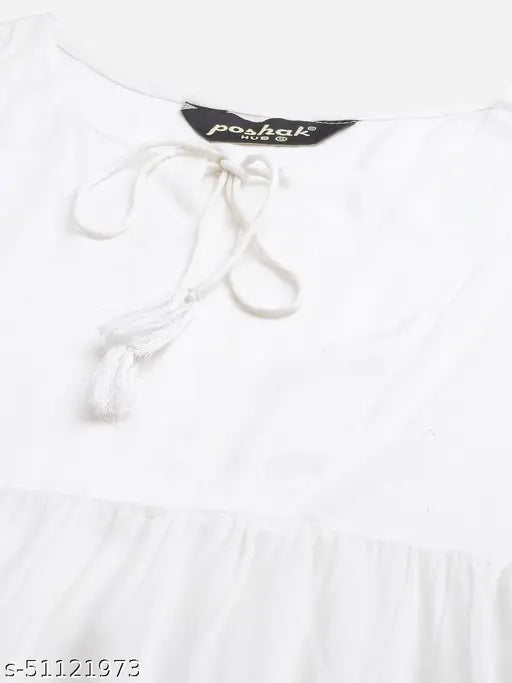 Off-white viscose rayon anarkali kurti, three-quarter sleeves, round neck, ankle length with flared hem - India