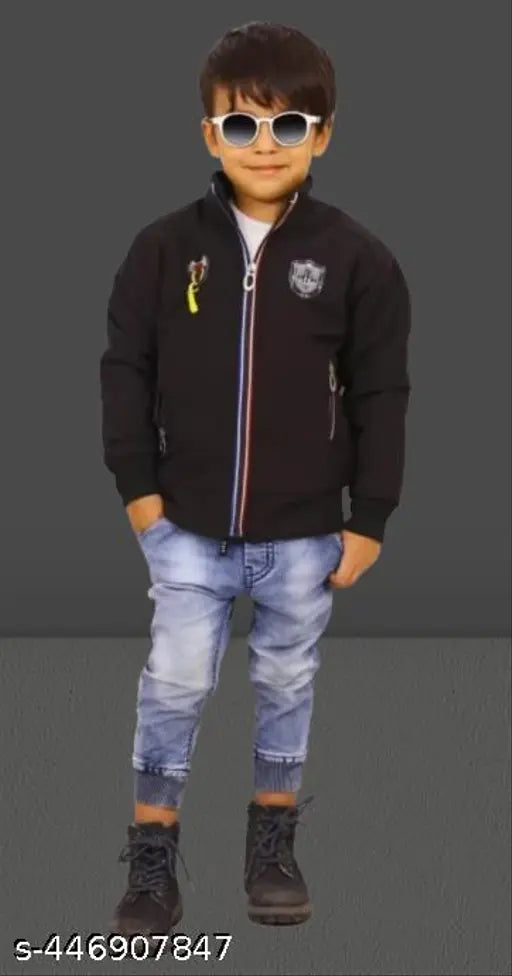 Blue jean jacket, boy with black hair, casual style, black sunglasses, white sneakers