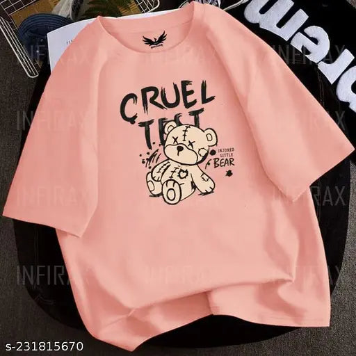 Pink oversized t-shirt, women's crew neck, printed graphic and text