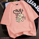 Pink oversized t-shirt, women's crew neck, printed graphic and text