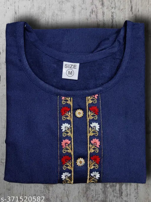Blue, cotton, winter embroidery kurta