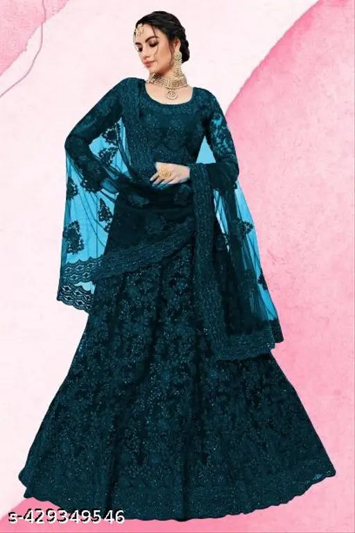 Embroidered net lehenga-choli and dupatta set for semi-stitched elegance, Indian craftsmanship