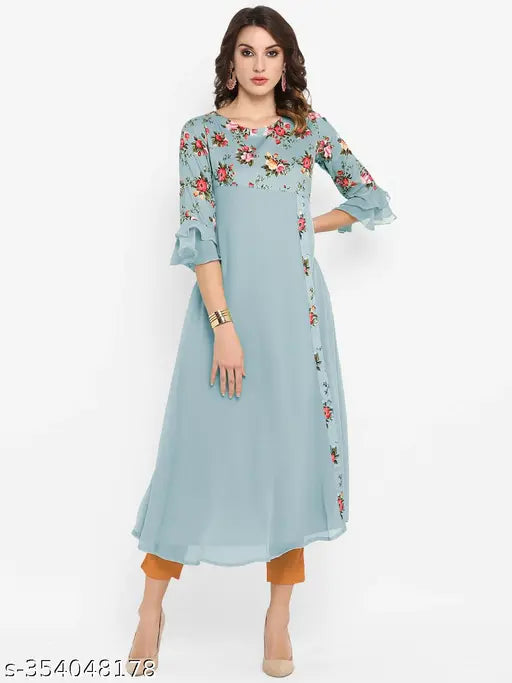 Women's blue poly crepe floral print Aline kurta with embroidery detail and long sleeve design