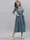 Women's cotton double-pocket kurti with three-quarter sleeves and printed combo, available in S, M, L, XL, XXL sizes (S: 36in bust, 46in length)