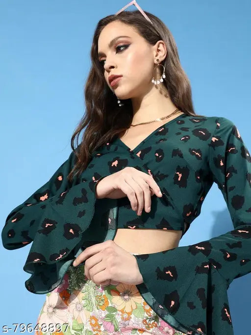 Dark green cheetah-print crepe crop top, sleek and stylish for parties