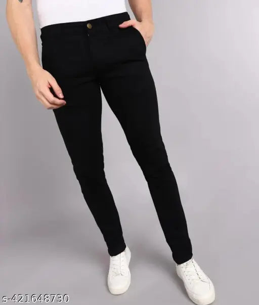 Black denim jeans, cotton, medium weight, stretch fabric, machine washable, high-waisted, solid black, fits men and women