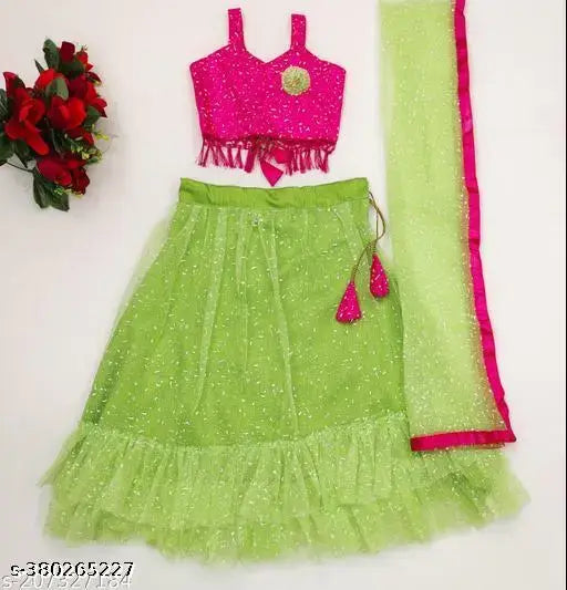 Fully-stitched net lehenga choli and dupatta set, embellished Indian bridal wear for 6 months - 10 years (self-design)