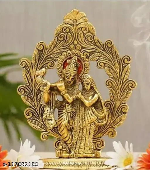 Metal Radha Krishna idol, gold-toned temple showpiece for home décor, Indian god artifact for pooja room or office