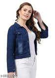 A woman in a light blue crop top with white jeans, wearing a jean jacket