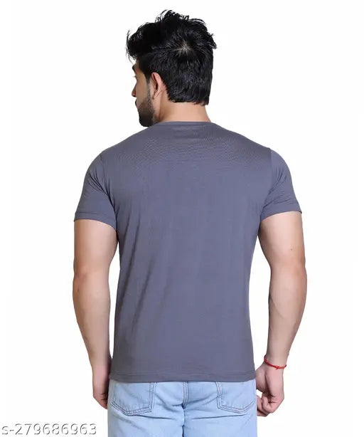 Starfox Men'S Steel Grey Half Sleeve Round Neck Graphic Print Cotton Blend Tshirt