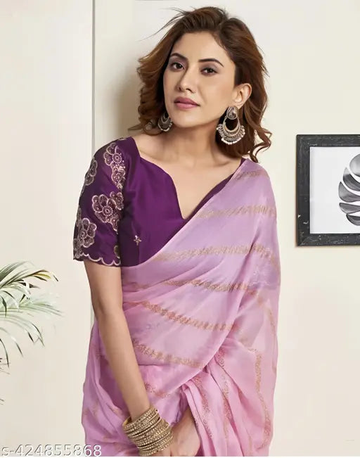 Elegant Bollywood-inspired printed chiffon saree with embroidered net blouse - Pink, green, beige, lavender, perfect for parties or weddings