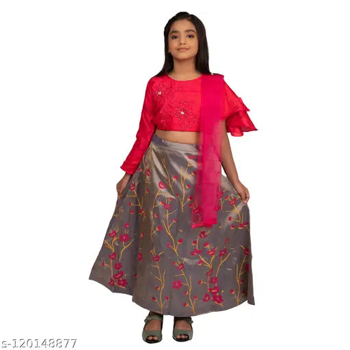 Embellished Georgette Ghagra Lehenga in botanical stitch, short sleeves for kids (2-7 years), Indian traditional wear