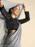 Grey metallic wetless sari for women, 5 meters long