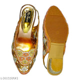 Rose gold synthetic decorative belly sandals - embellished ballerinas from Hafiz Footwear, India (IND)