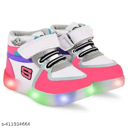 Pink, white, blue, and silver light-up sneakers with velcro closures