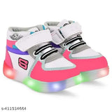 Pink, white, blue, and silver light-up sneakers with velcro closures