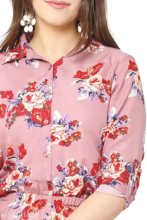 Stylish lite purple floral print crepe jumpsuit for women & girls, Indian-made fashion piece with three-quarter sleeves on mannequin