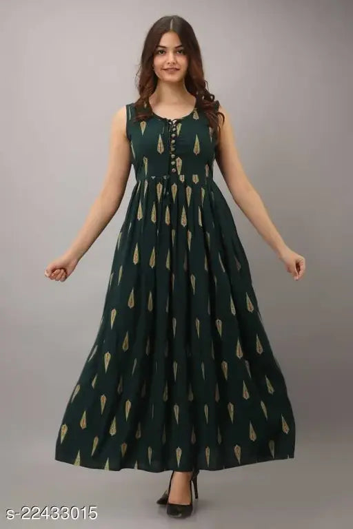 Rayon printed full-length sleeveless kurta, vibrant JD Tilak design, single size options available from M to XXL (M - Bust 38in, Length 50in)
