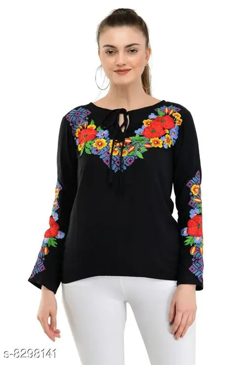 Rayon black embroidered top, long sleeves, Taaraa women's fashion - India