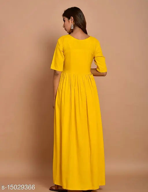 Mustard rayon flared kurti, self-designed with short sleeves, women's fashion from India