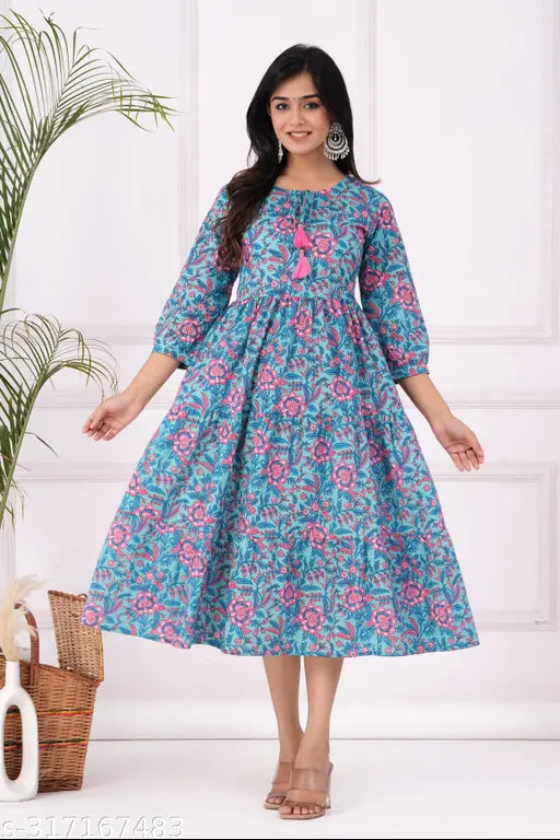 Cotton floral printed Anarkali Kurta, three-quarter sleeves, vibrant Indian women's fashion wear