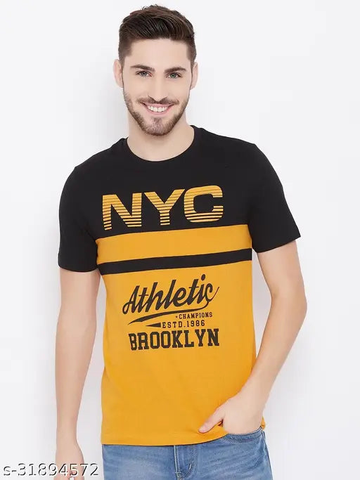 Yellow cotton blend men's t-shirt by Austin Wood, half printed, short sleeves